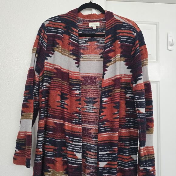 Lucky Brand Aztec Knit Duster Cardigan Women’s L Long Open Front Boho Southwest - Picture 2 of 8